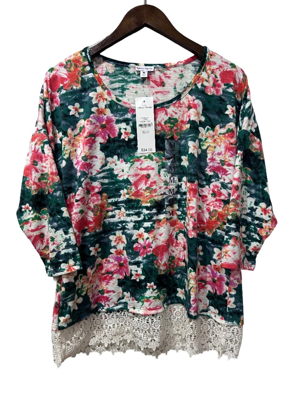 Rebecca Malone Floral Lace Hem Top Size Medium NWT